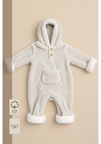 Minory Baby Kapüşonlu Cepli Peluş Bebek Tulum Gri Gri