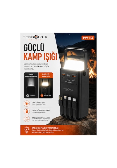 50.000 Mah Powerbank 22.5w Hızlı Şarj Lcd Ekran 4 Çıkış 4 Kablo Kamp Işıklı Taşınabilir Batarya Siyah