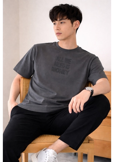 Tarz Cool Erkek Oversize Tişört Baskılı All We Need Is Money Yazılı Basic Streetwear T-shirt Gri
