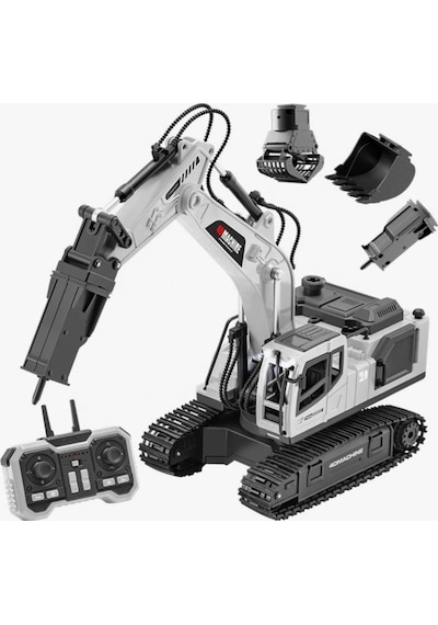 Metal Başlıklı Buharlı 1:18 Ölçekli Uzaktan Kumandalı 10 Fonksiyonlu 2.4 Ghz Oyuncak Ekskavatör Beyaz