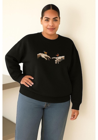 Benroma 3 İplik Penye El Parmak Baskılı Büyük Beden Unisex Sweatshırt Siyah