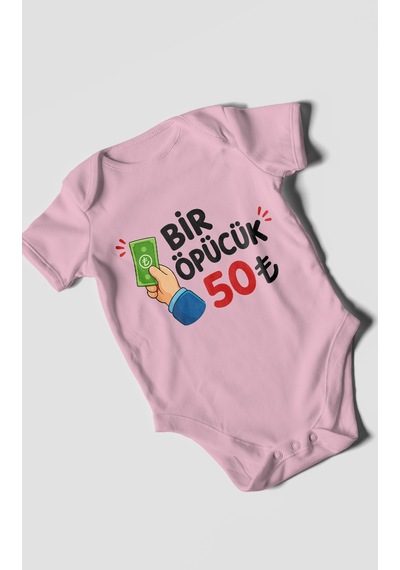 Morivokids Bir Öpücük 50tl Kısa Kollu Bebek Body %100 Pamuk Koyu Pembe