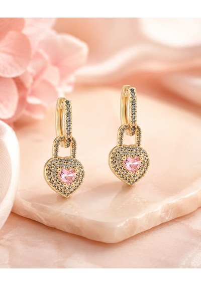14k Altın Kaplama Kalp Detaylı Pembe Taşlı Zirkon Küpe - Kilit Tasarım Sallantılı Küpe Altın - Pembe