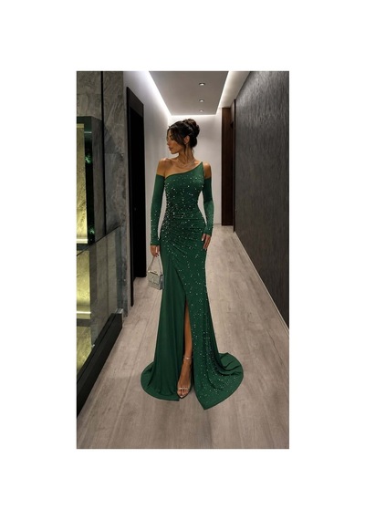 DefyModa Kadın Günlük Tek Omuz Taş Detaylı Abiye Elbise Zümrüt
