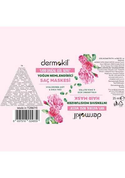 Dermokil %100 Doğal Gül Suyu Yoğun Nemlendirici Saç Maskesi 25 Ml