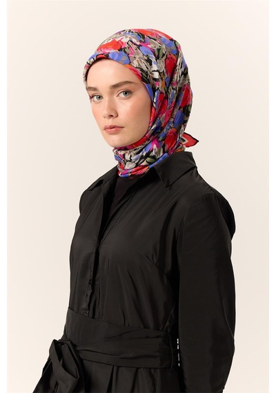 Silk Home Organik Pamuk İpek Eşarp Siyah-koyu Gri Mor Çiçek Desenli Tok Duruşlu 90x90 Çok Renkli