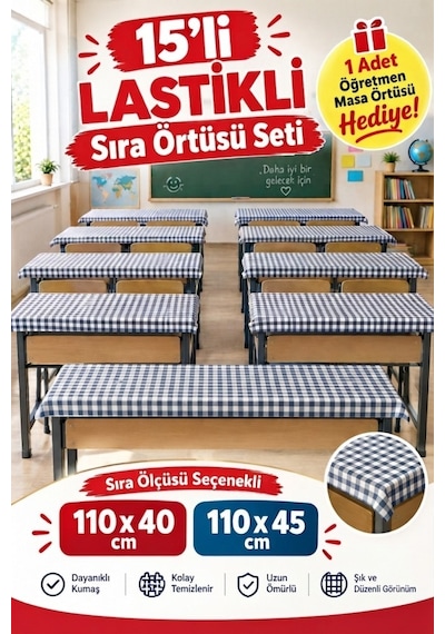 15 Adet Okul Sıra Örtüsü Lastikli Masa Örtüsü Leke Tutmaz Kumaş Gri Pötikare Raşel
