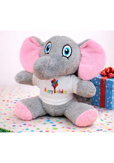 Dekoratif Obje Mutlu Gün Hediyesi Doğum Günü Sürprizi Happy Birthday Tişörtlü Sevimli Peluş Fil Çok Renkli