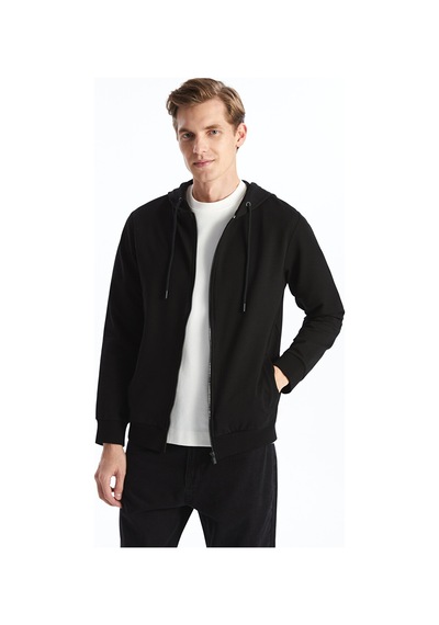 Lcwaıkıkı Basic Siyah Kapüşonlu Basic Erkek Fermuarlı Sweatshirt