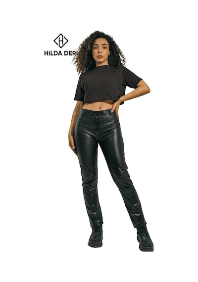 Hilda Deri Adel Siyah Hakiki Kuzu Derisi Cepsiz Pantolon 001