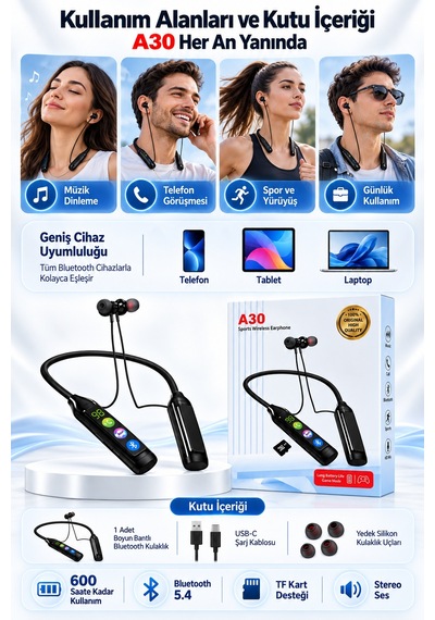 A30 600 Saat Pil Ömürlü Boyun Bantlı Kablosuz Bluetooth Kulaklık Kart Girişli Game Modlu