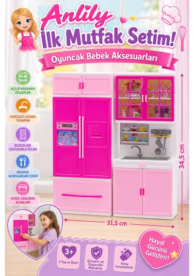 Anlily İlk Mutfak Setim - Çift Modüllü Buzdolaplı Ve Lavabolu Oyuncak Mutfak Aksesuar Seti