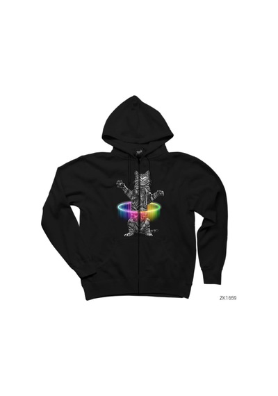 Kedi Hulahop Siyah Fermuarlı Kapşonlu Sweatshirt
