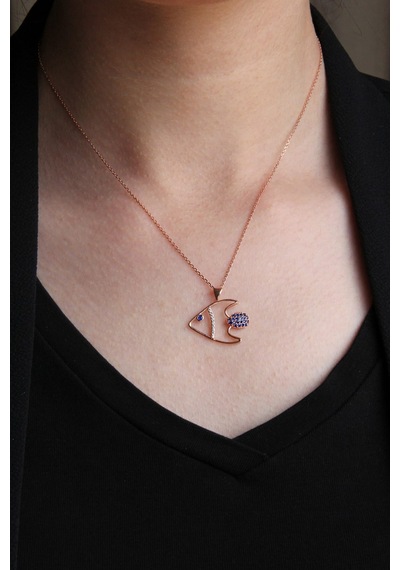 Kadın Zirkon Taşlı Gümüş Balık Kolye N102901 Rose Gold