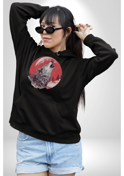 Uluyan Beyaz Kurt Kadın Erkek Siyah Kapüşonlu Sweatshirt Hoodie Siyah