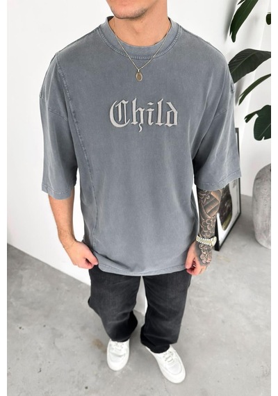 Gri Child Nakış Detay Oversize Tişört