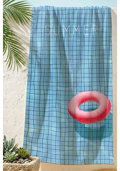 Marine Modern Mikrofiber Plaj Havlusu - Mavi Pembe Geometrik Havuz Deniz Hızlı Kuruyan Havlu Çiy İncir