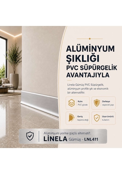 Linela Suya Dayanıklı Pvc Süpürgelik 8 Cm - Gümüş - Lnl411