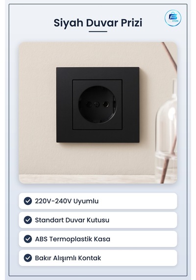 Priz Siyah Standart Duvar Prizi 220v 240v Konut Ofis Ticari Elekt