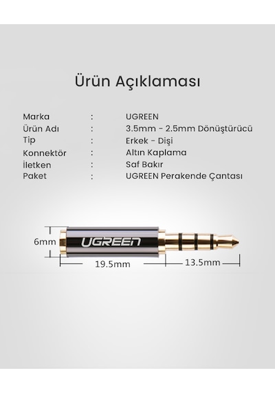 Ugreen 3.5mm Erkek To 2.5mm Dişi Jak Dönüştürücü, 20502