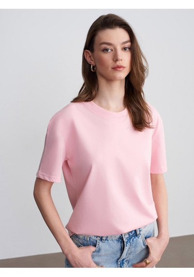 Dilvin 30312 Pamuk Dekoratif Dikişli Bisiklet Yaka T-shirt-toz Pembe 36
