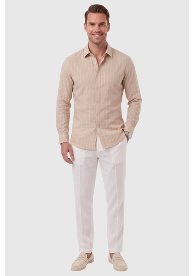 Rizzup Erkek Slim Fit %95 Pamuk Çizgi Dokulu Bej Ütü Gerektirmeyen Gömlek 2600002