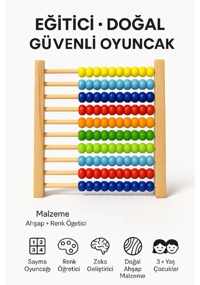 Premium Ahşap Renkli Abaküs 10 Katlı Eğitici Sayma Ve Zeka Geliştirici Oyuncak