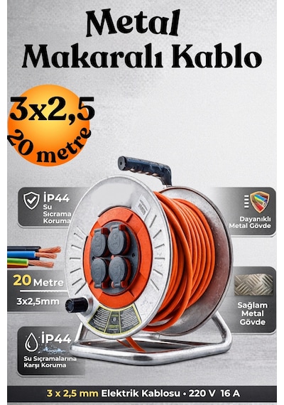 3x2.5 Mm Cca Kablo 20 Metre Makaralı Seyyar Kablo Kapaklı 4 Prizli Metal Uzatma Kablosu 20 M