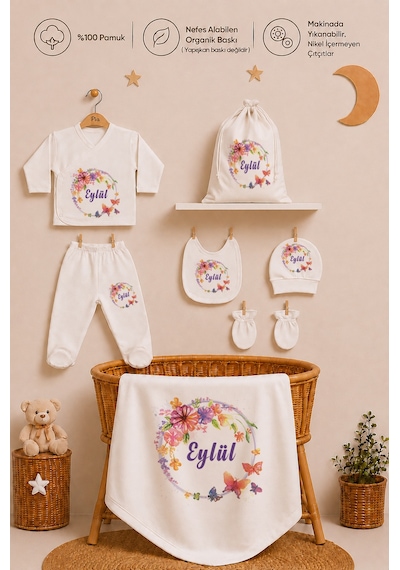 Pia Baby Kişiye Özel %100 Pamuk Kız Bebek Hastane Çıkışı Zıbın Seti 8 Parça Kese Hediyeli 2058zybkyx Krem