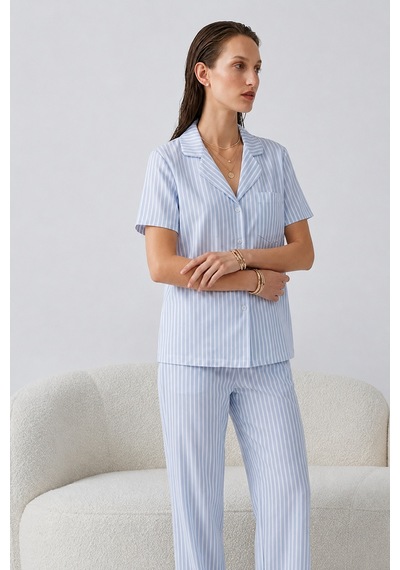 Regular V Yaka Günlük Mavi Pijama Takımı