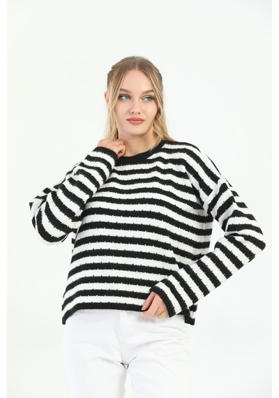 Youknitwear You Angora Çizgili Kazak Lacivert