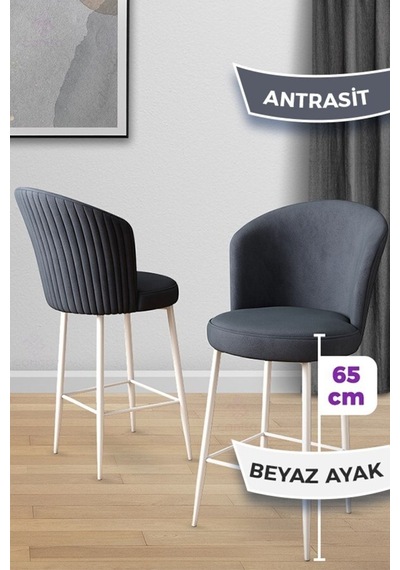 Canisa Alte Serisi 4 Antrasit Sandalye 65 Cm Ada Mutfak Bar Sandalyesi Babyface Kumaş Beyaz Metal Ayaklı Sandalye Antrasit Ayaklar Beyaz