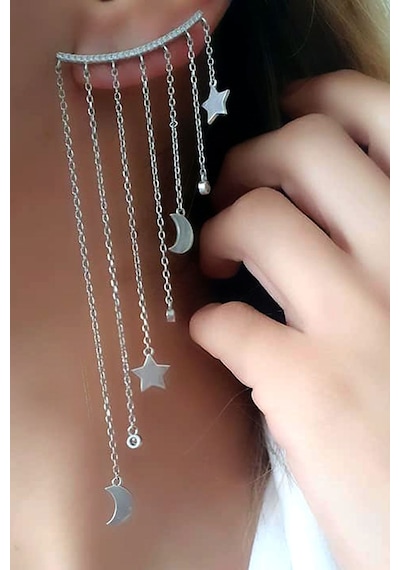 Ay Yıldız Figürlü Gümüş Italyan Tasarımı Earcuff Tek Küpe