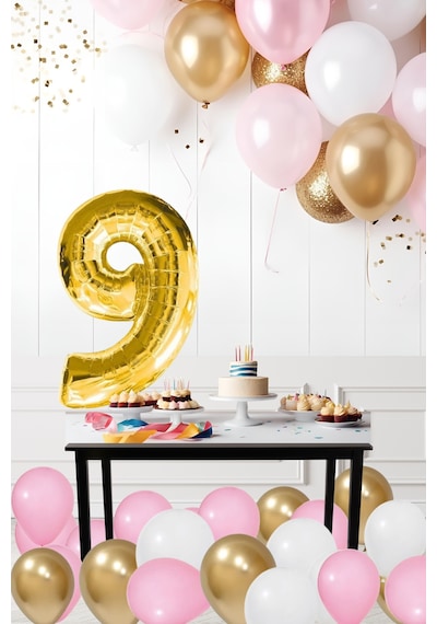 9 Yaş Retro Krom Gold Pembe Beyaz Balon Seti Gold Rakamlı Doğum Günü Balonu Şık Parti Süsleme Çok Renkli