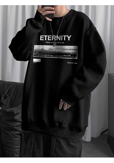 Unisex Oversize Eternity Baskılı Bisiklet Yaka Sweatshirt Siyah