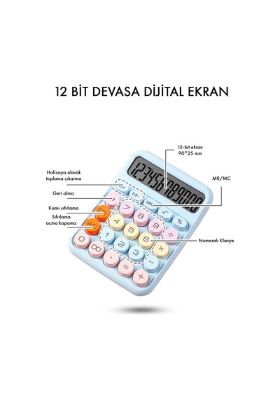 Renkli Hesap Makinesi - 12 Haneli Yuvarlak Tuşlu Mavi Renk Hesap Makinesi - 4 Fonksiyonlu Pil Hediye Diğer