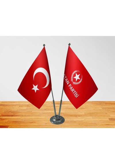 Masa Üstü Vatan Partisi Bayrağı Türk Bayrağı İkili Krom Direk Mas
