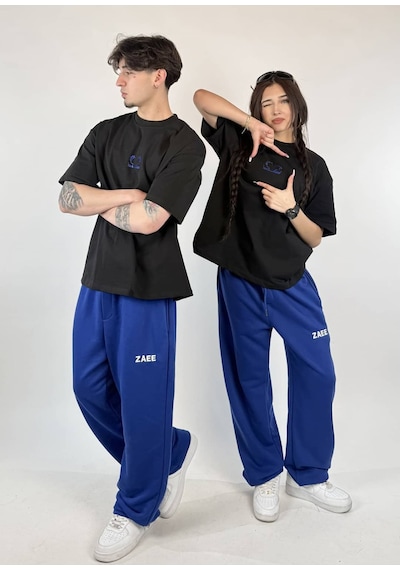Zaee 2m Motive Taşlı Oversize T-shirt Mavi