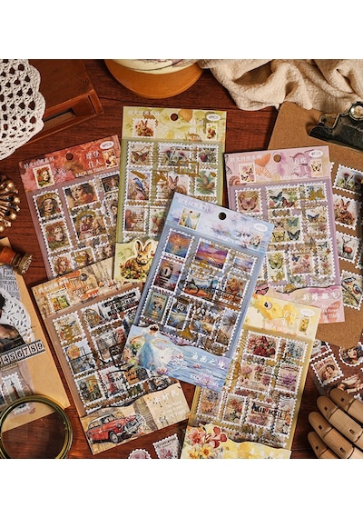 Vintage Pul Tasarımlı Estetik Sticker Çıkartma Seti - Defter, Ajanda Ve Günlük Süsleme Stickerı Karışık Model Çok Renkli