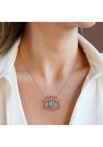 Göz Turkuaz Taşlı Rose Gold Gümüş Kolye Gümüş