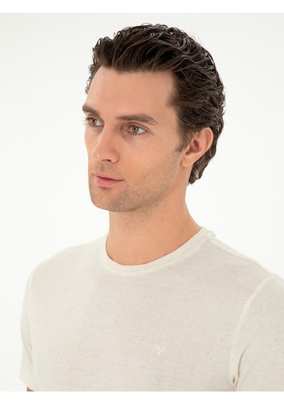 Ekru Slim Fit Keten Karışımlı Bisiklet Yaka T-shirt 15469610