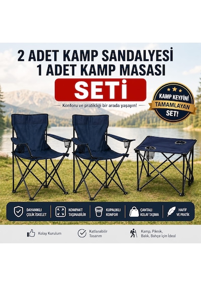 Lacivert 2 Adet Katlanır Kamp Sandalyesi 1 Adet Kamp Masası Lacivert Taşıma Çantalı Kamp Seti
