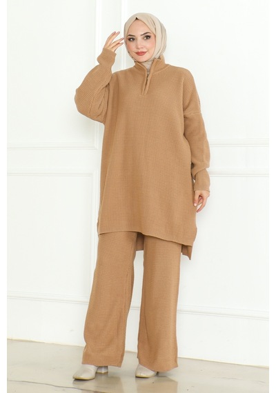 Fermuarlı Tunik Pantolon Triko Takım 1126 - Vizon