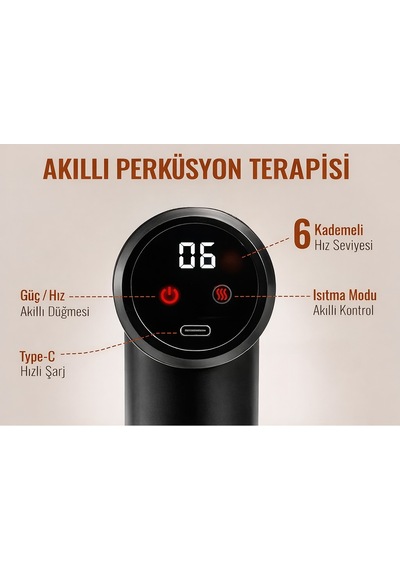 Saplı Akıllı Masaj Tabancası 6 Kademeli Hız, Isıtma & Soğuk Başlık Type-c Şarjlı, Dijital Ekranlı, Çok Başlıklı Derin Doku Masaj Aleti Siyah
