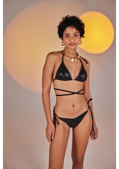 Holly Lolly Özel Yapım Parlak Kumaşlı H Aksesuarlı Üçgen Ivory Bikini Üstü Siyah