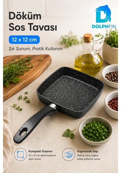 12x12 Cm Kare Döküm Sos Tavası Mini Tava Ergonomik Saplı Siyah