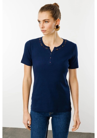 Desen Triko Kadın Açma Yaka Boncuk İşlemeli T-shirt 24754 Lacivert Lacivert