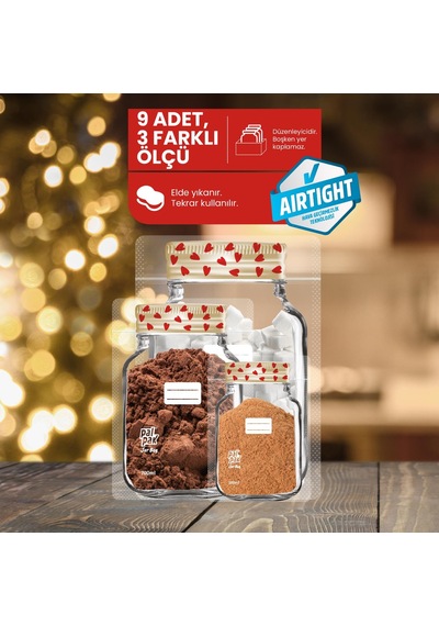 Kalp Desenli Kavanoz Görünümlü Kilitli Doypack Saklama Poşeti 9 Adet 3 Büyük-3 Orta-3 Büyük