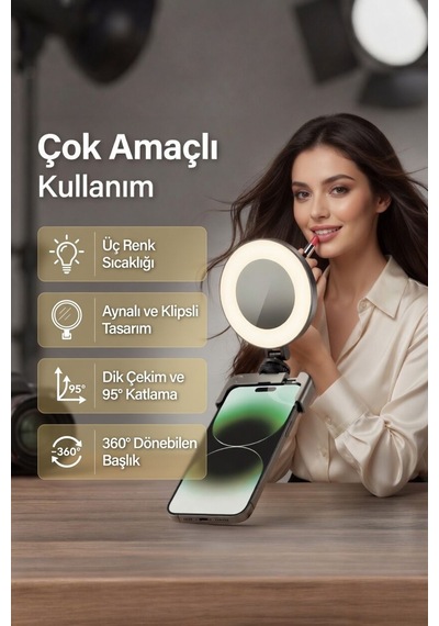 Aynalı Şarjlı Ring Light Telefon İçin Klipsli Led Selfie Işığı