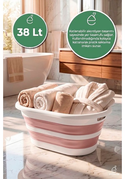 Katlanabilir Çamaşır Leğeni 38 Lt Akordiyon Sepet Yer Kaplamaz Katlanır Banyo Organizer Gri